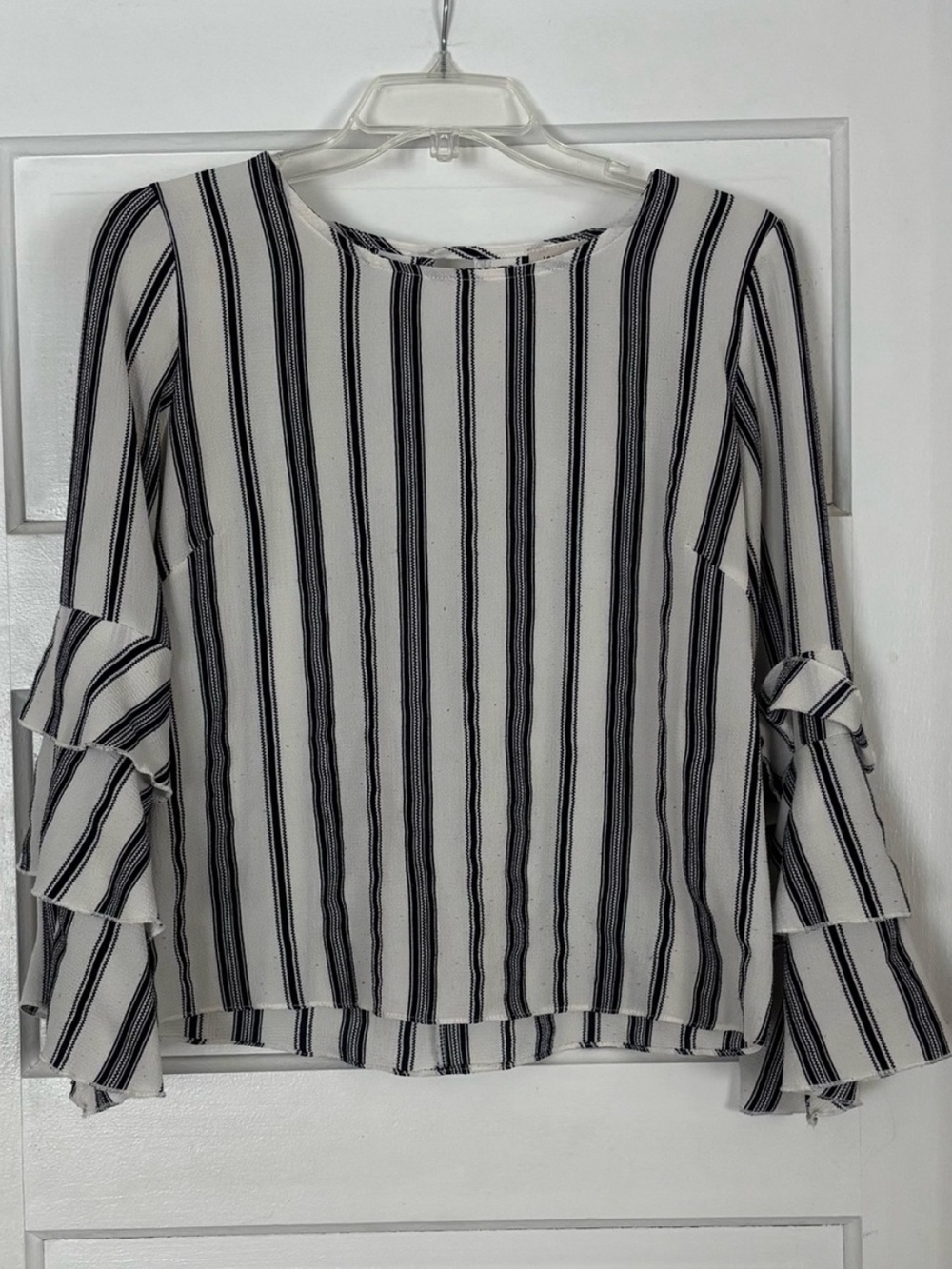 Purple Rain Blue & White Striped Ruffle Sleeve Top